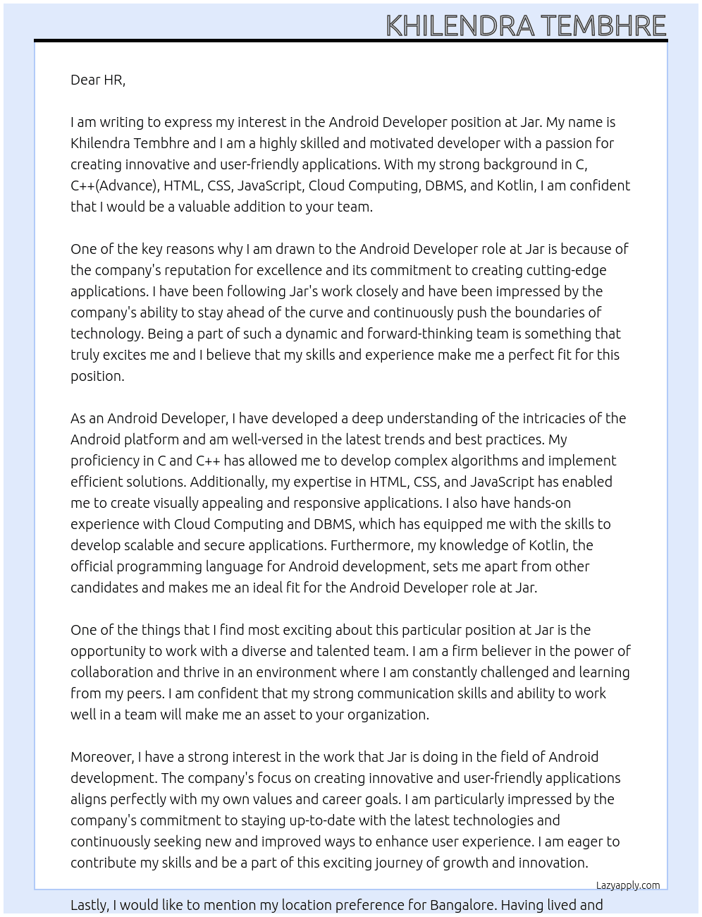 Android Developer At Jar Cover Letter