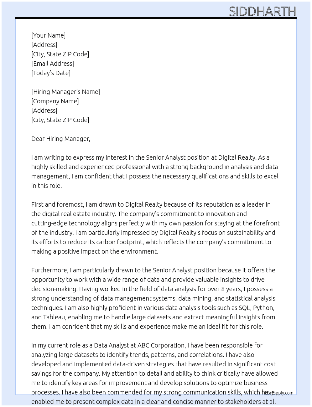 Senior Analyst At Digital Realty Cover Letter