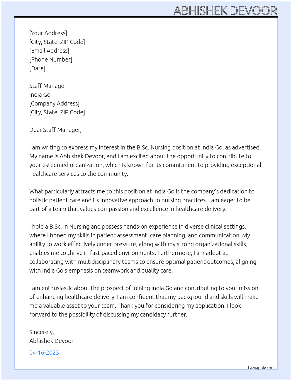 Bsc. Nursing At India Go Cover Letter