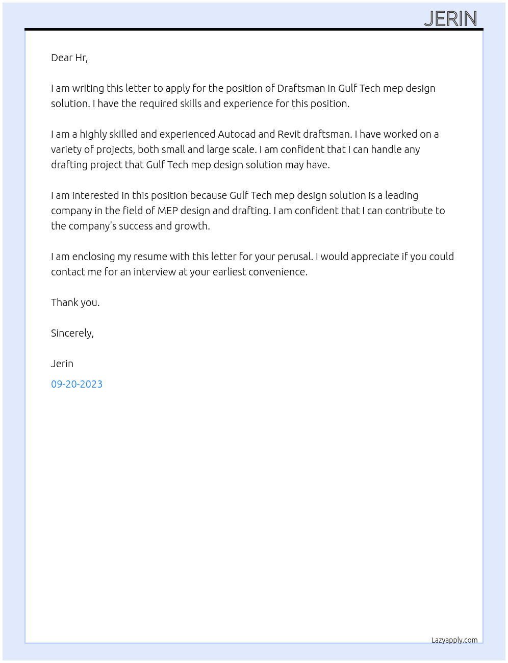 Draftsman  At Gulf Tech mep design solution  Cover Letter