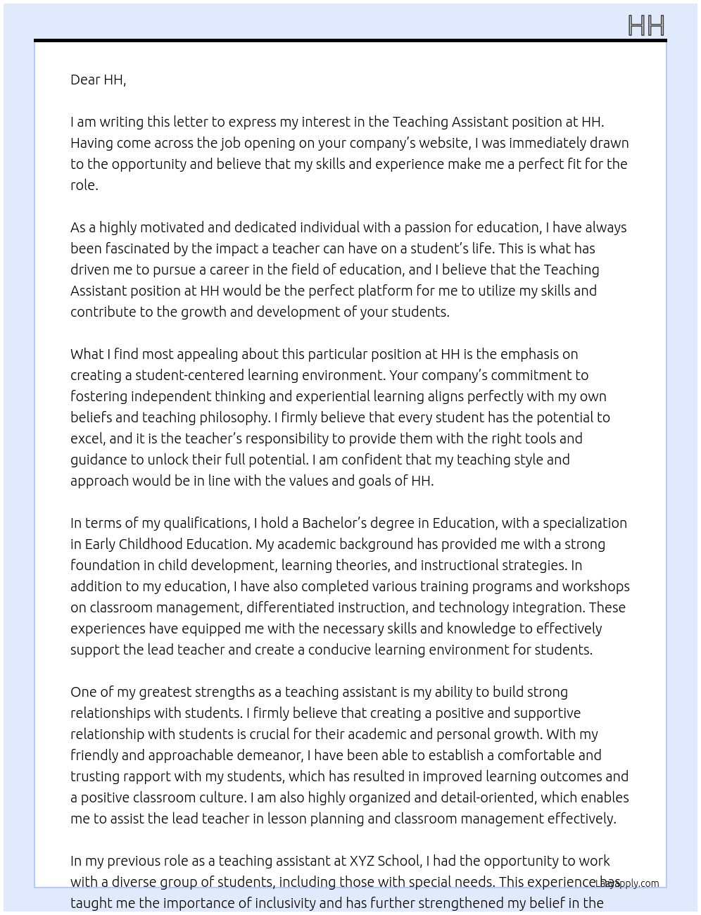 teaching assistant At hh Cover Letter