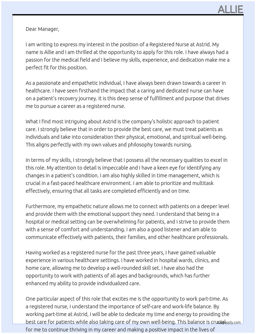 registered nurse At astrid  Cover Letter