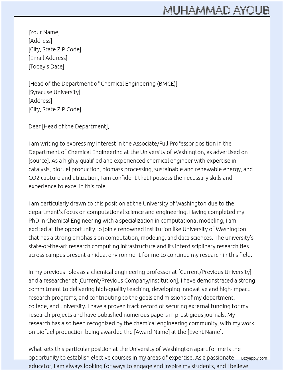 Assisoc Professor in Chemical Engineering At University of Washington USA Cover Letter