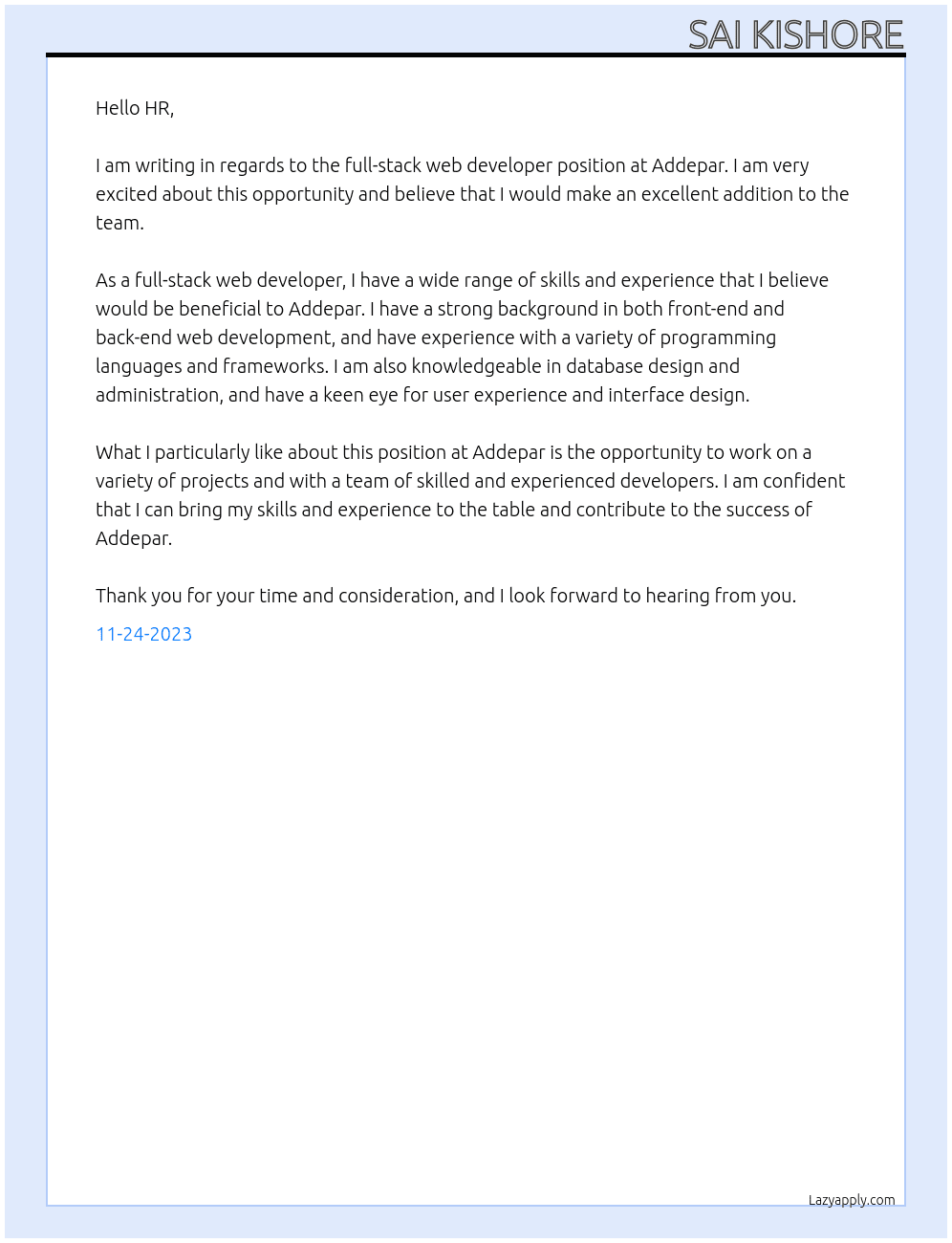 full-stack web developer At Addepar  Cover Letter