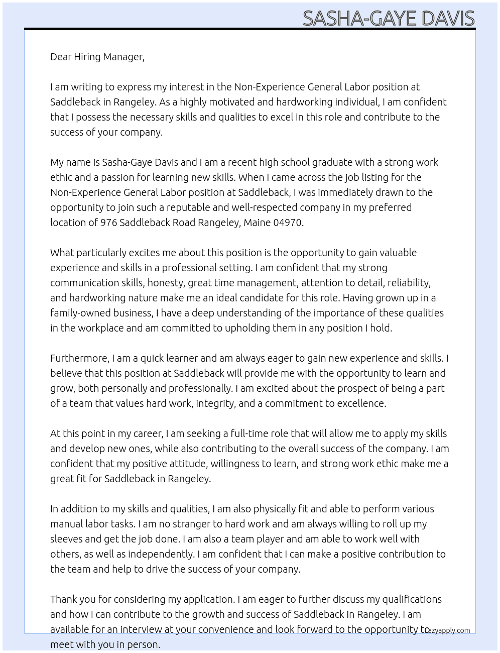 Non Experience Gerneral Labor At  Saddleback in Rangeley Cover Letter