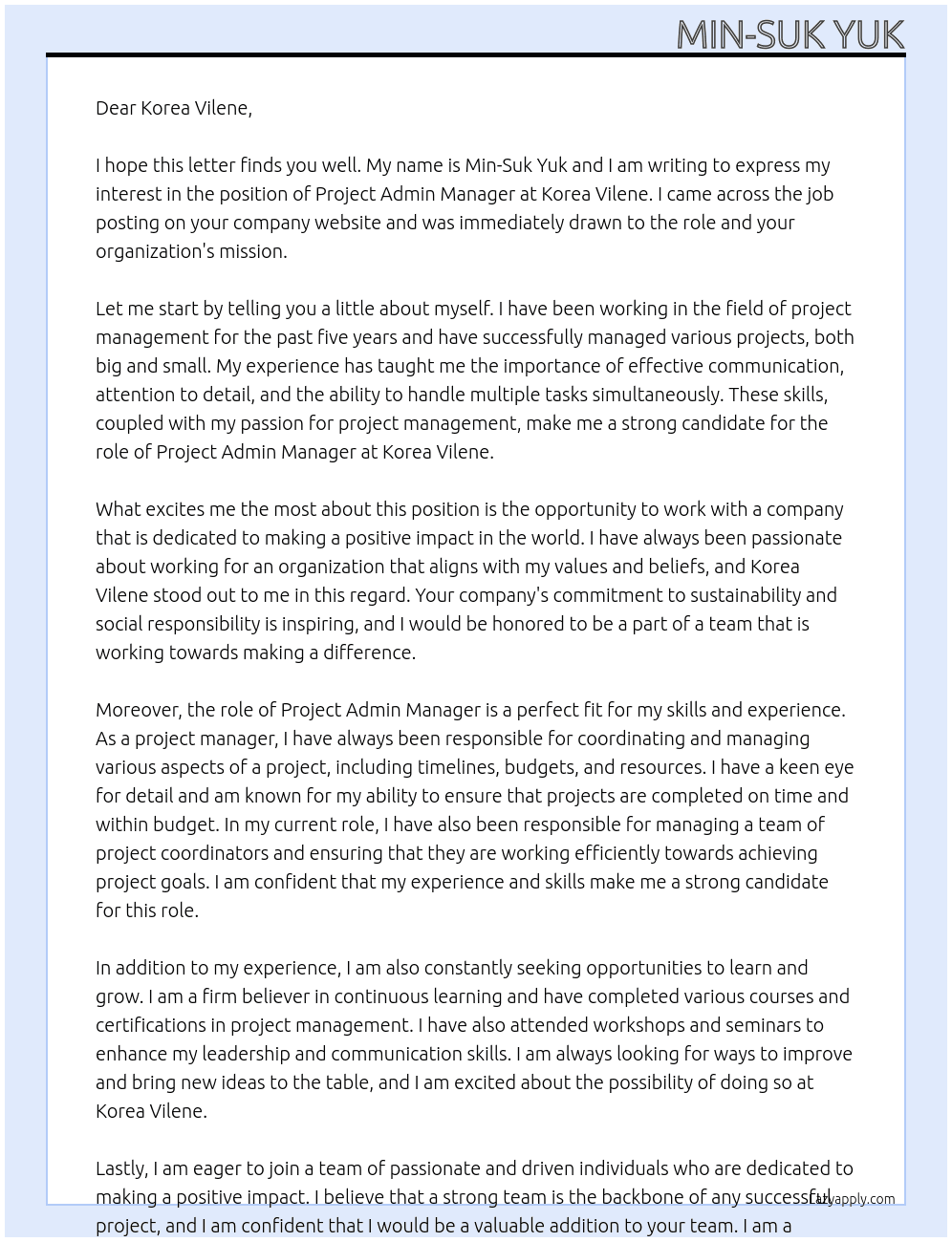 Project Admin Manager At Korea Vilene  Cover Letter