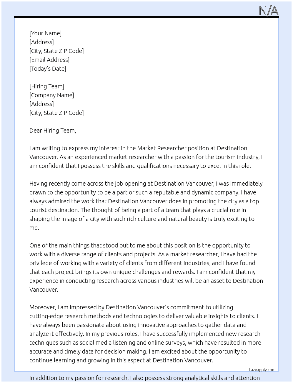 Market researcher  At Destination Vancouver Cover Letter