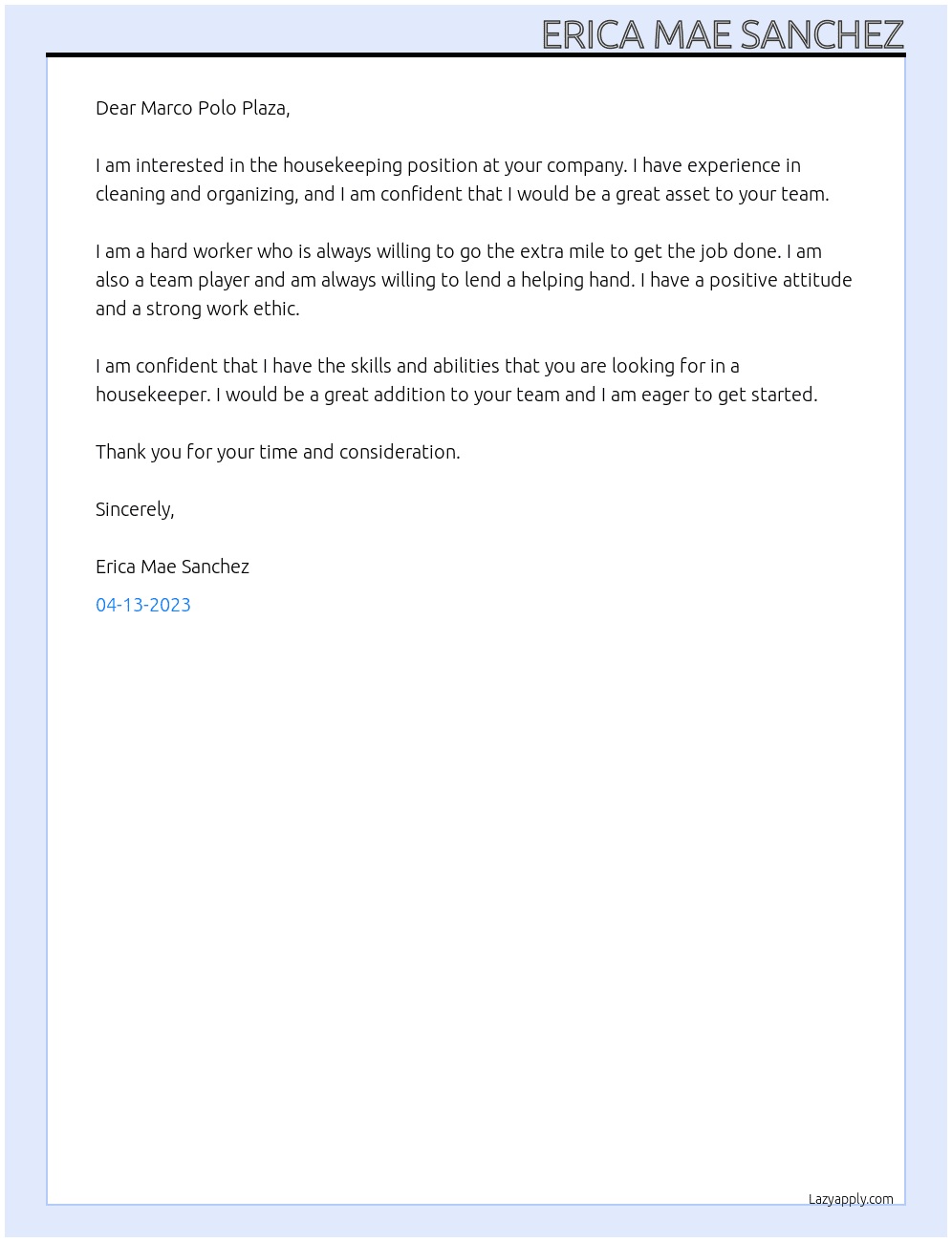 Housekeeping At Marco Polo Plaza Cover Letter