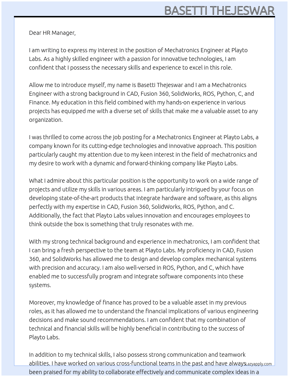Mechatronics Engineer At Playto Labs Cover Letter