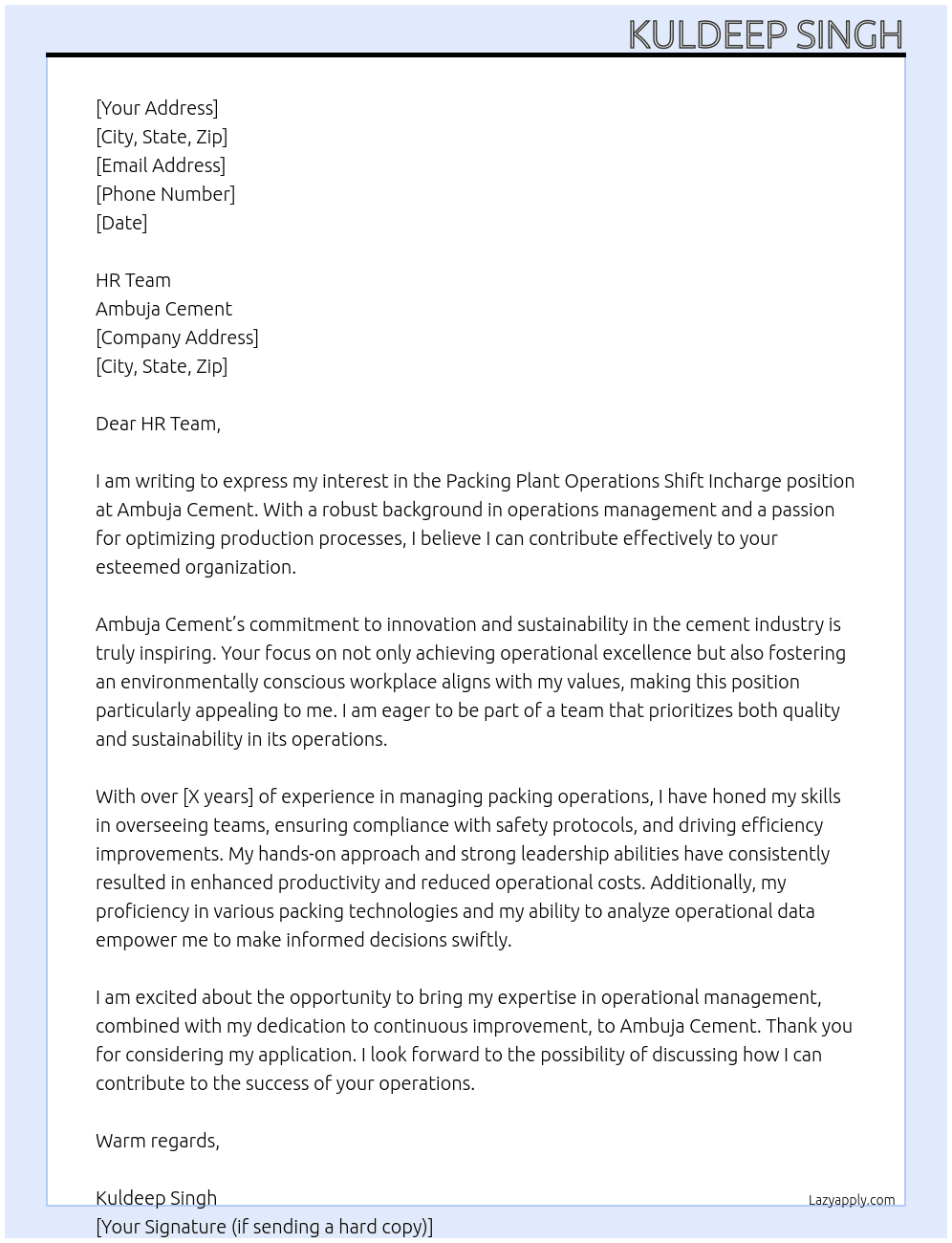 Packing Plant Operations Shift Incharge  At Ambuja Cement  Cover Letter