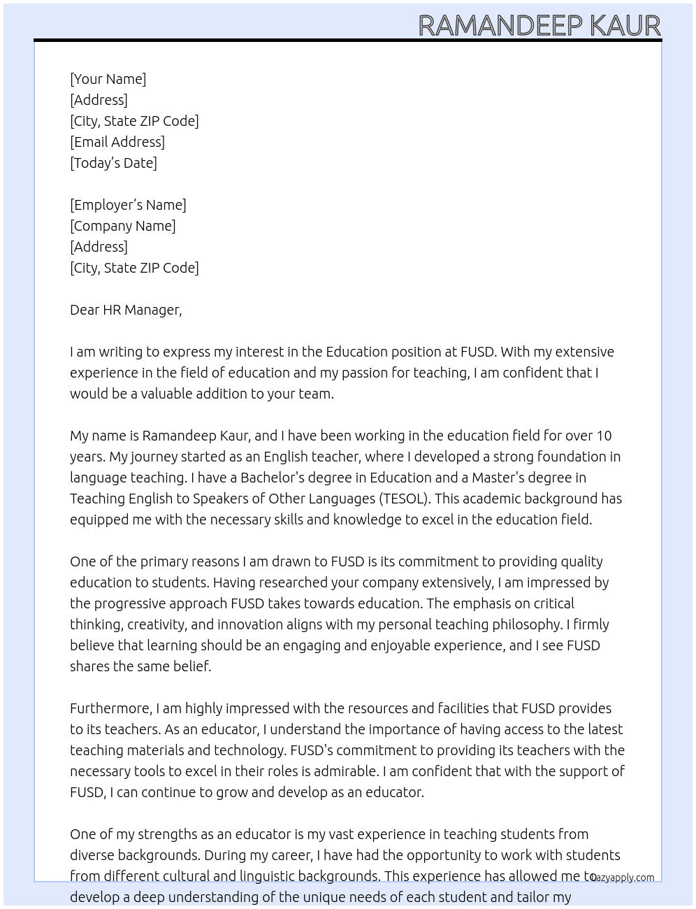 Education At FUSD Cover Letter