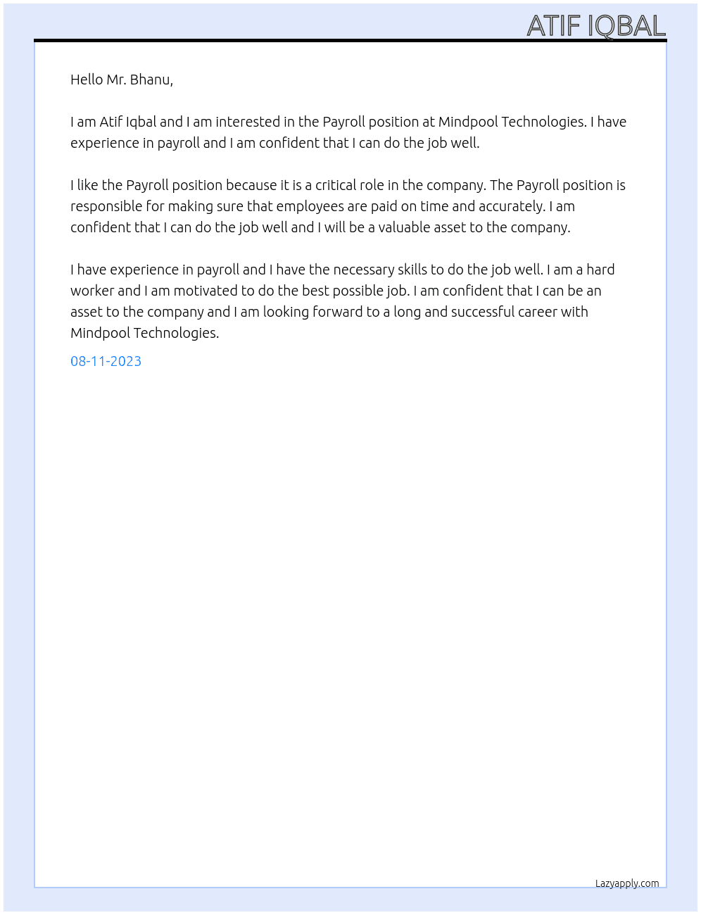 Payroll  At Mindpool Technologies  Cover Letter