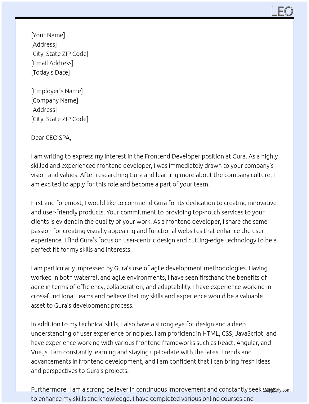 Frontend Developer At Gura Cover Letter