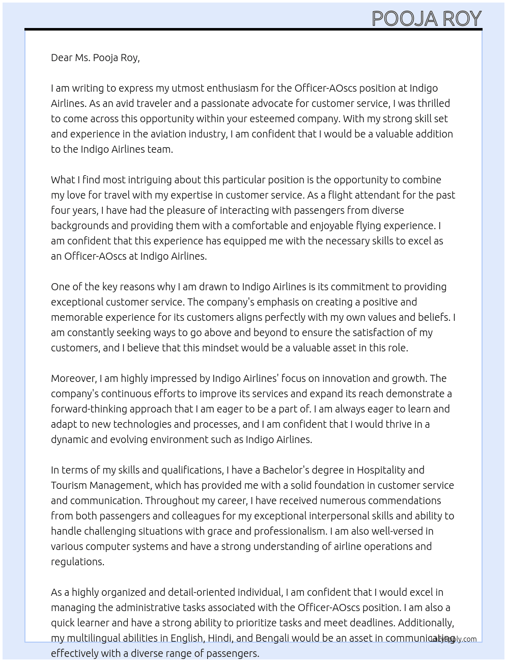 Cover letter for officer-aoscs - LazyApply