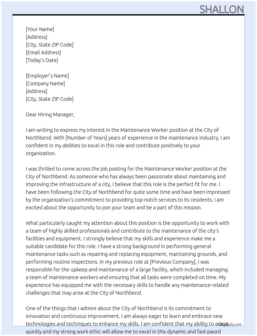 Maintenance worker At City of northbend  Cover Letter