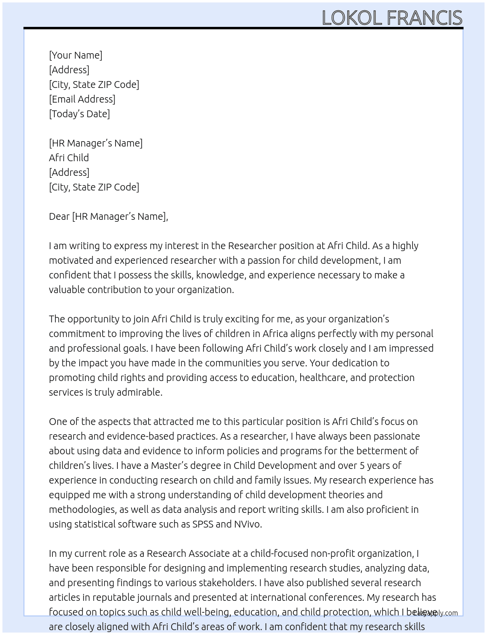 Researcher At Afri child Cover Letter