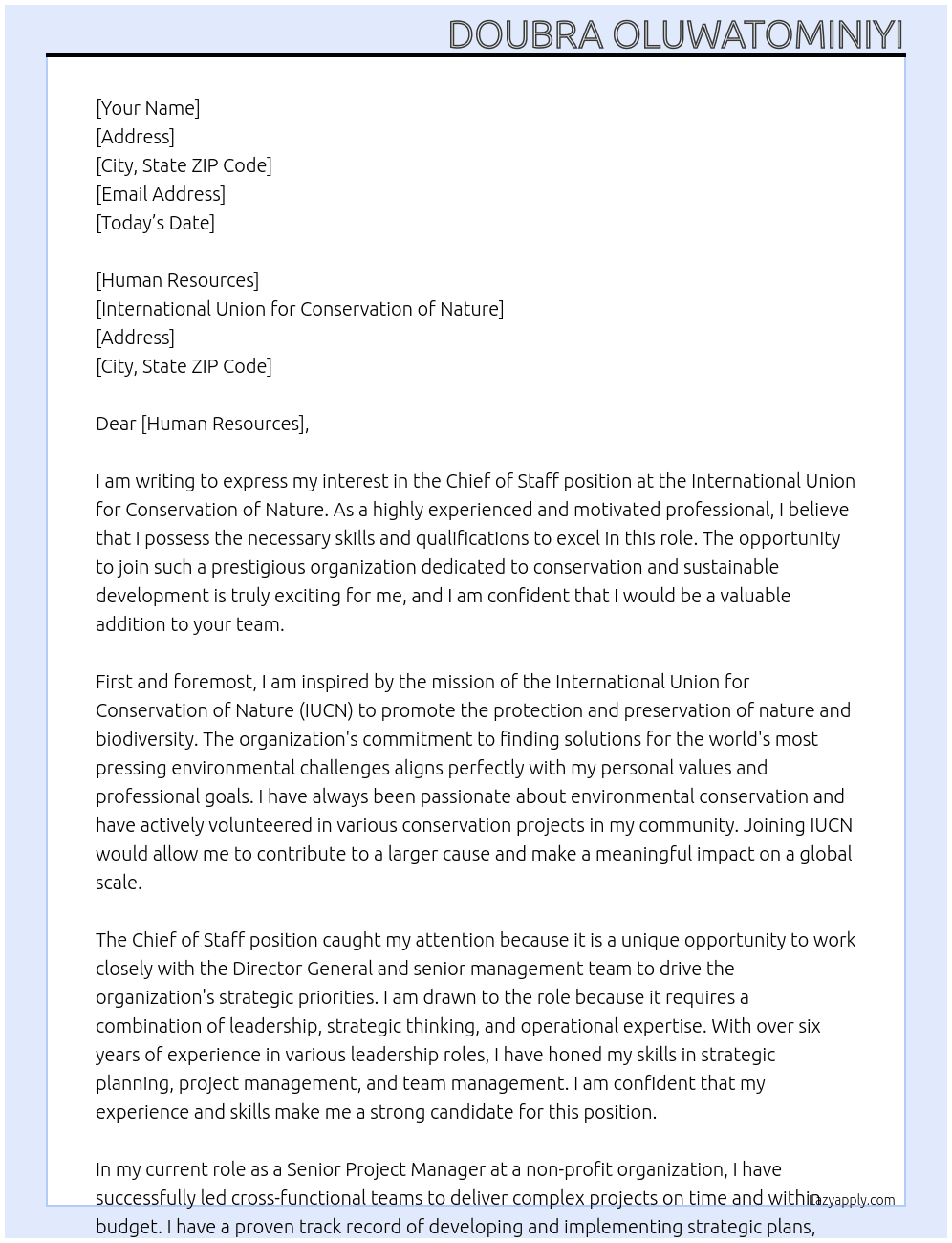 Chief of Staff At 	International Union for Conservation of Nature  Cover Letter