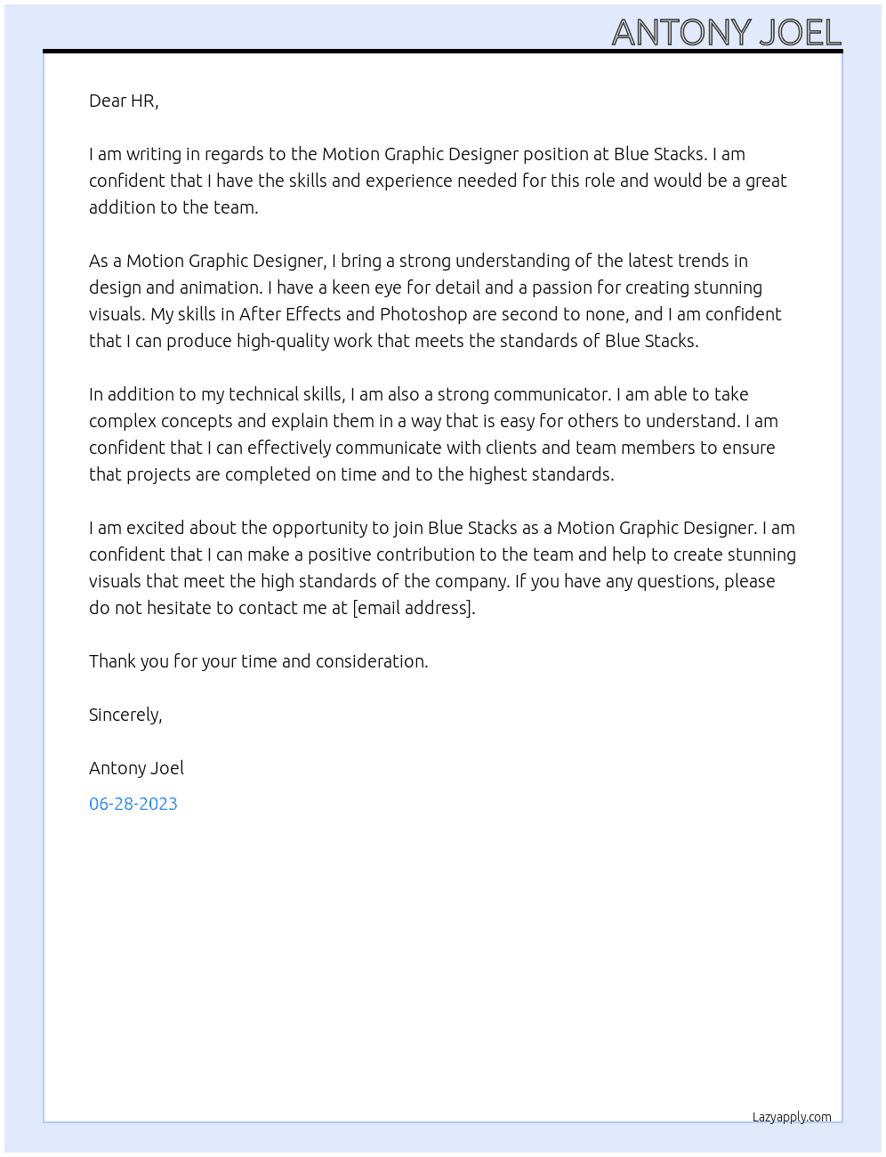 motion graphic designer At blue stacks Cover Letter