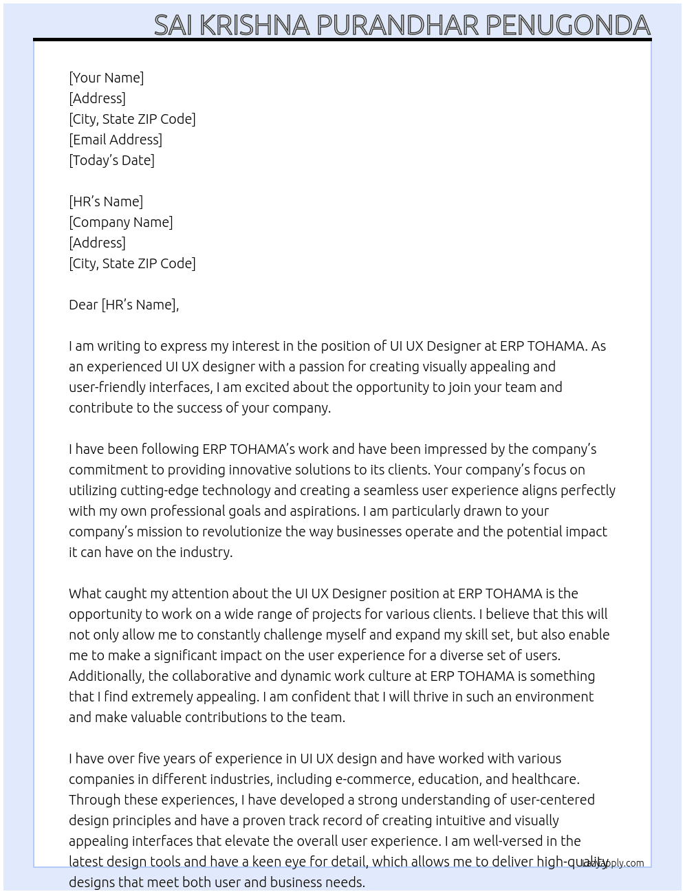 UI UX DESIGNER At ERP TOHAMA Cover Letter