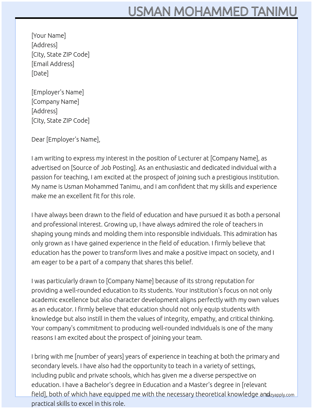 Lecturer At Institution Cover Letter