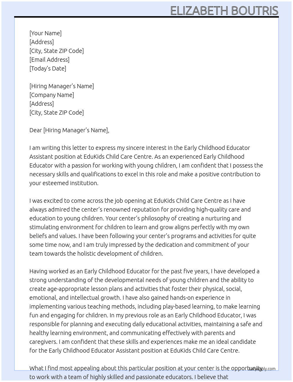 Early Childhood Educator Assistant At EduKids Child Care Centre Cover Letter