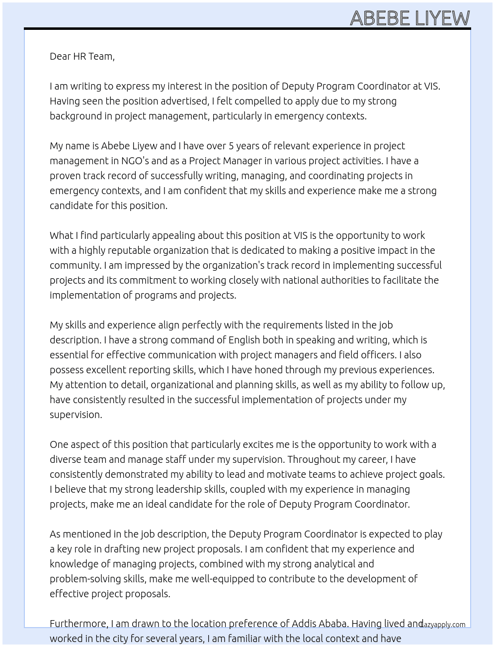 Deputy Program Coordinator At VIS Cover Letter