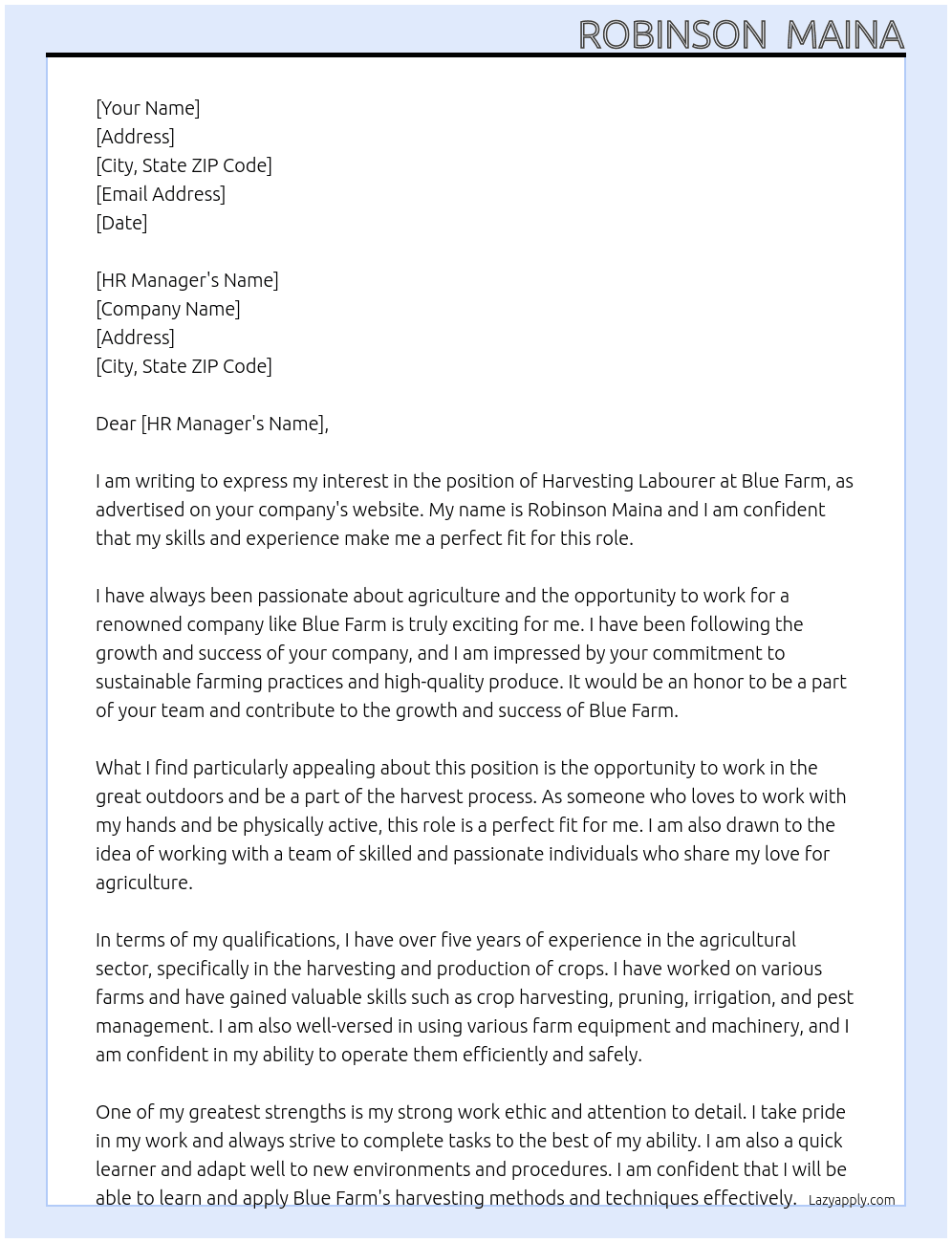 Harvesting labourer At Blue farm Cover Letter