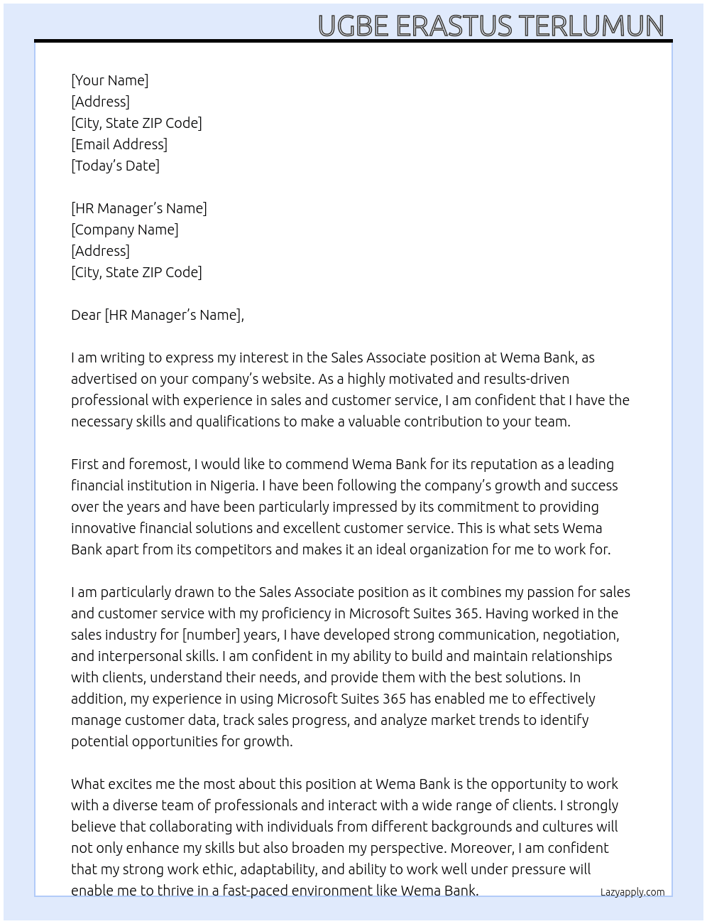 Sales Associate  At Wema Bank  Cover Letter