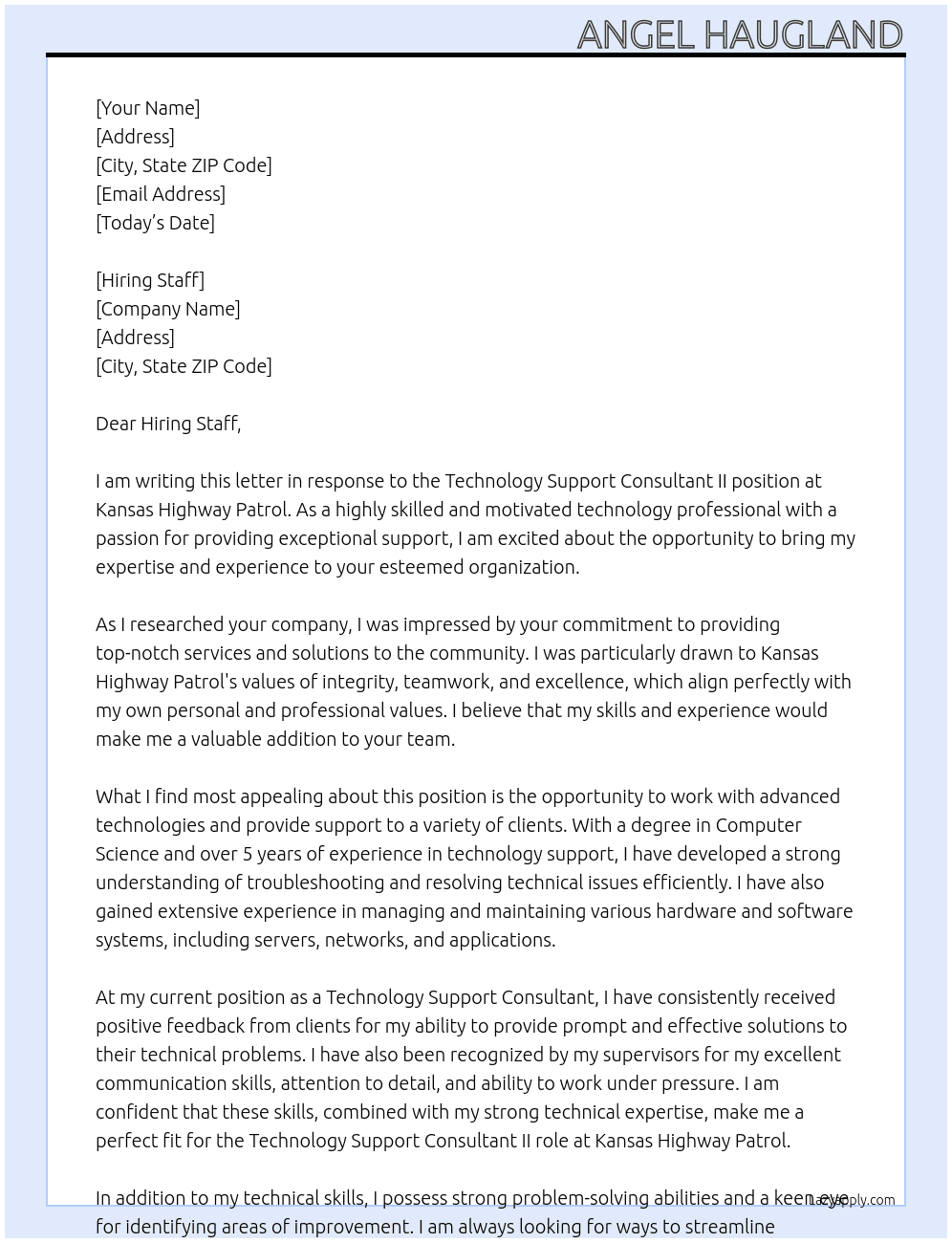 Technology Support Consultant II At Kansas Highway Patrol Cover Letter