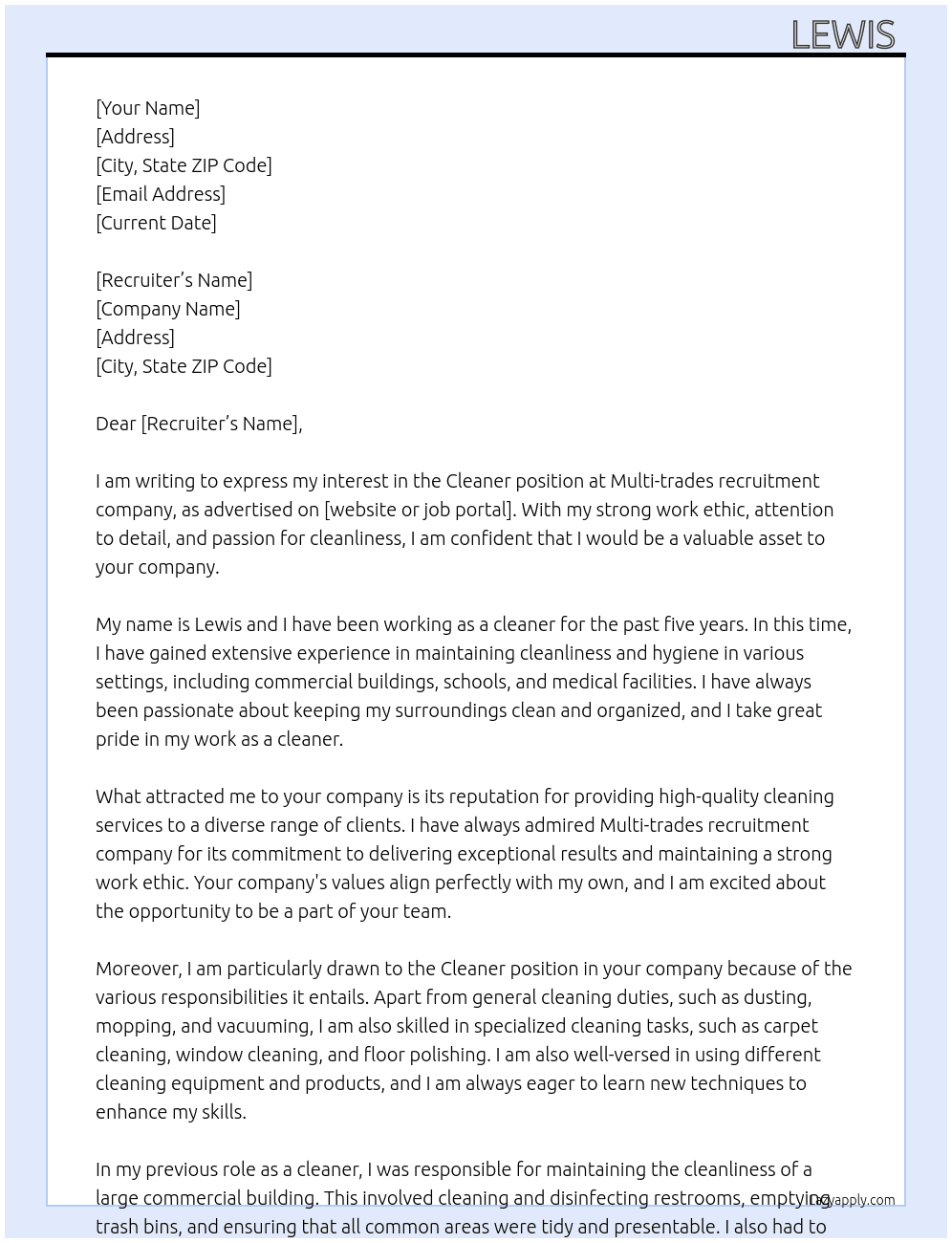Cleaner At Multi-trades recruitment company  Cover Letter