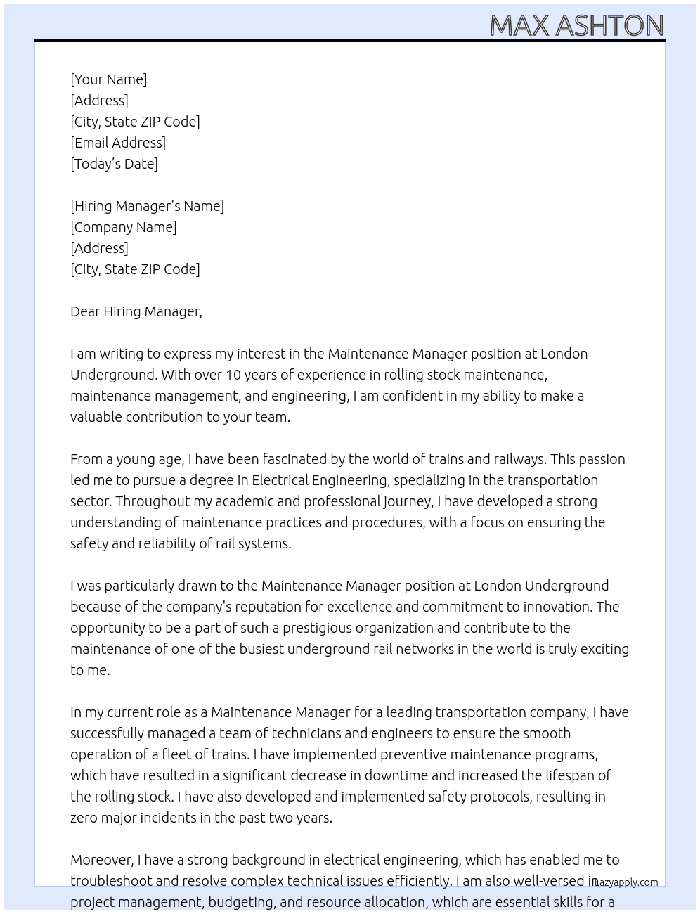 Maintenance manager At London Underground Cover Letter
