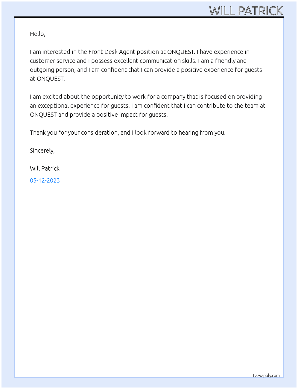 Front Desk Agent At ONQUEST Cover Letter