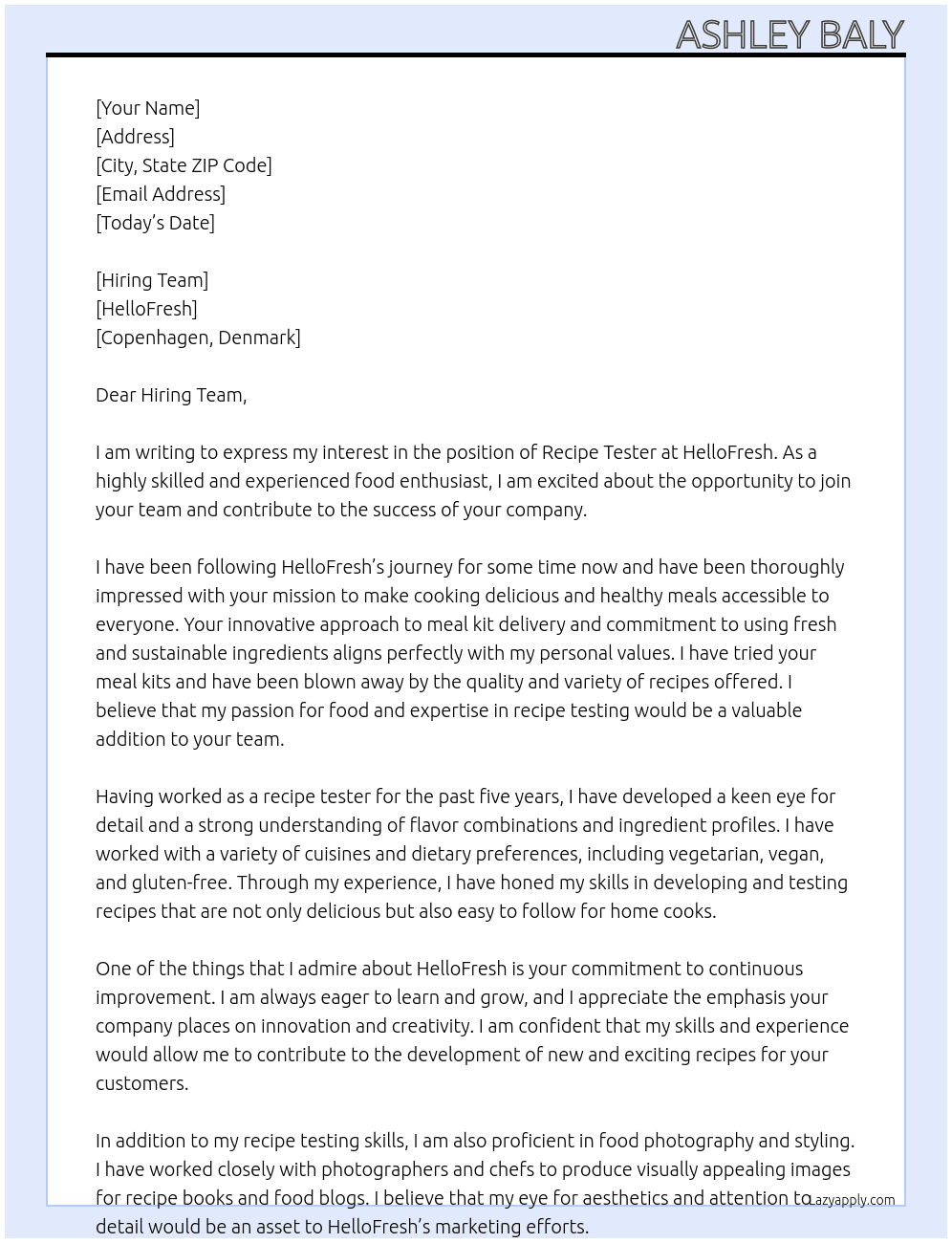 Recipe tester At HelloFresh Cover Letter
