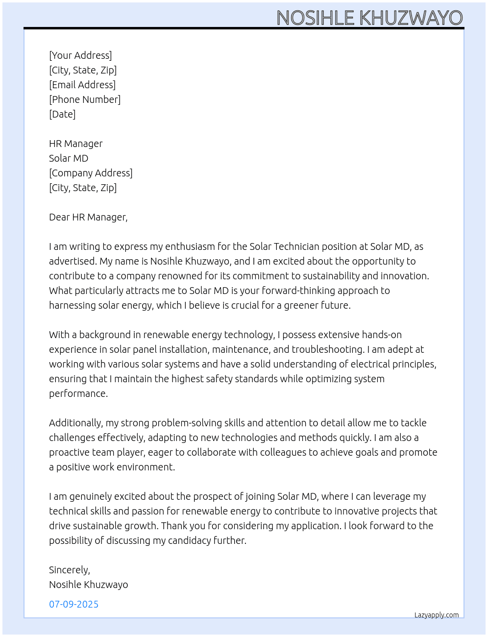 solar technician At Solar MD Cover Letter