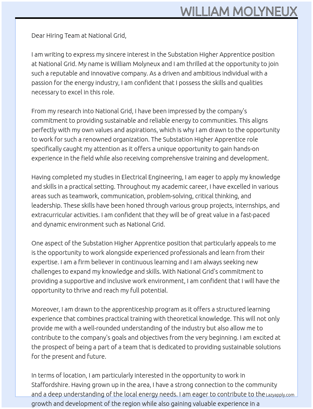 Substation Higher Apprentice At National grid  Cover Letter