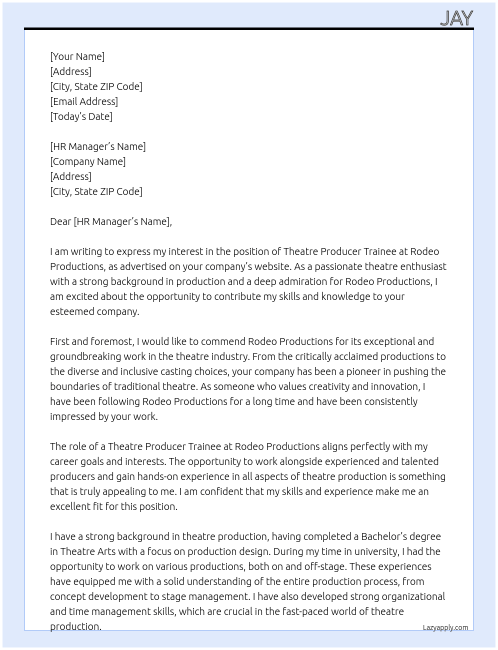 Theatre producer trainee At Rodeo Productions Cover Letter