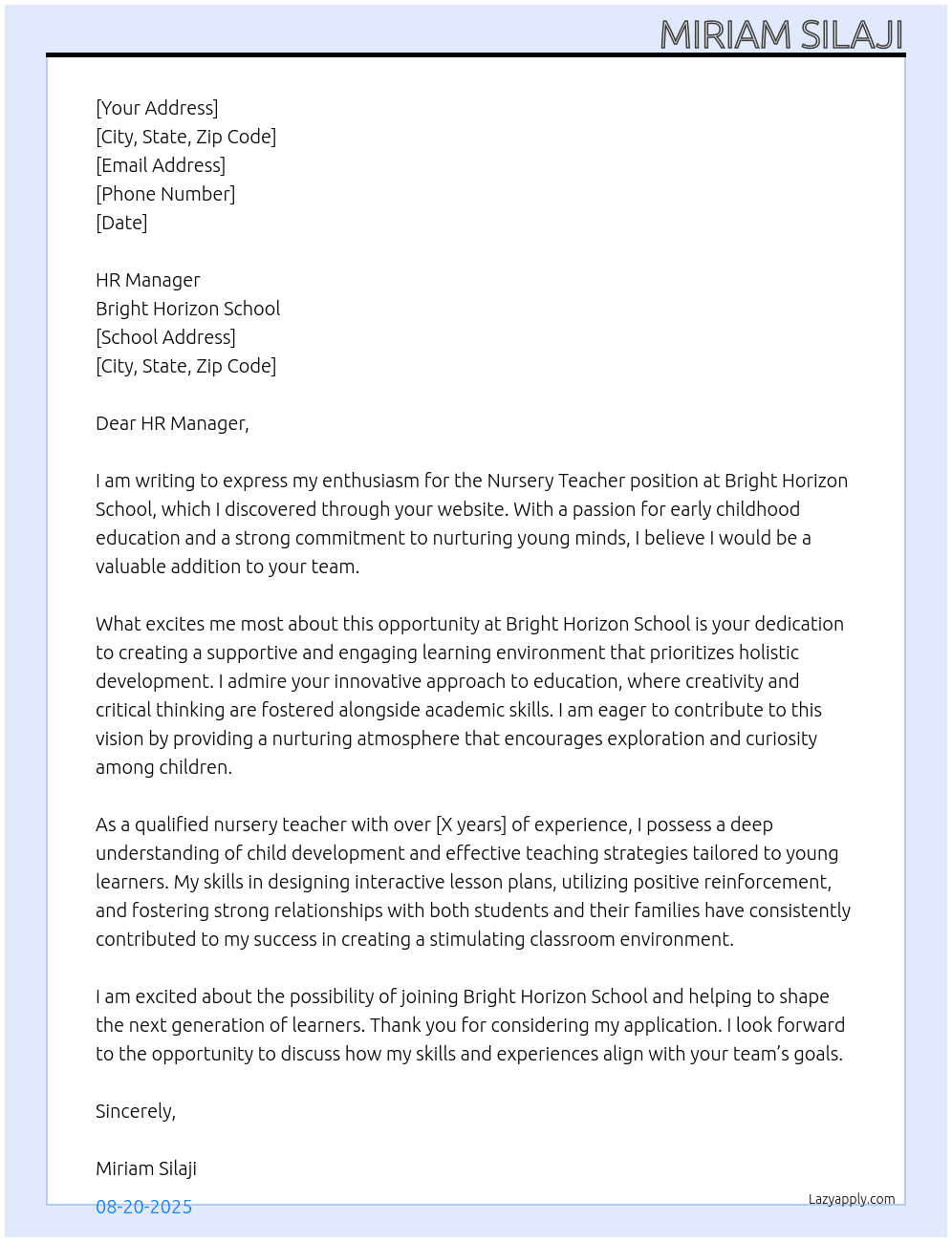 nursey teaher  At bright horizon school   Cover Letter