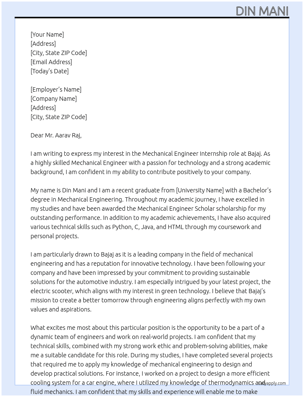 Mechanical engineer  At Bajaj Cover Letter