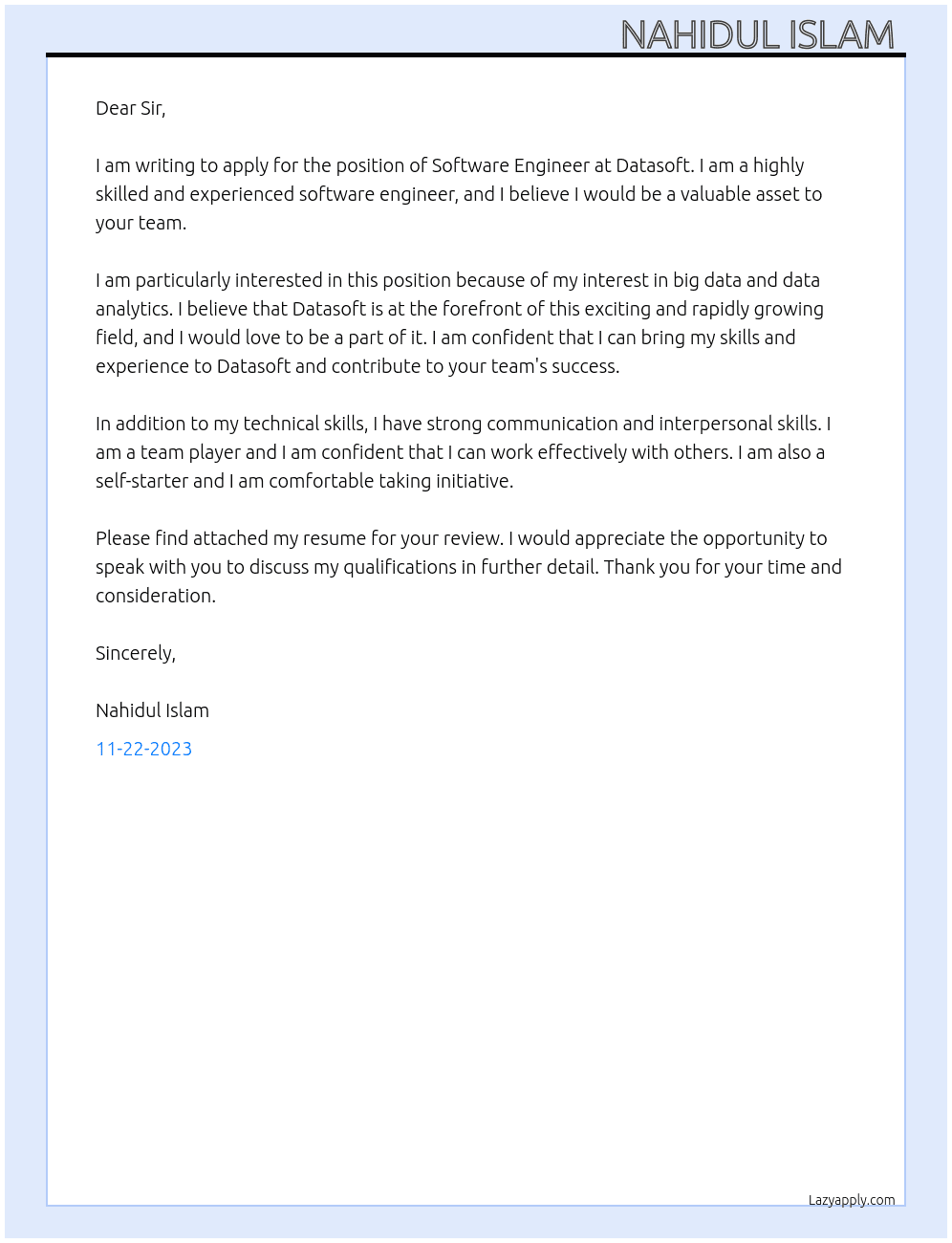 Software Engineer At Datasoft Cover Letter