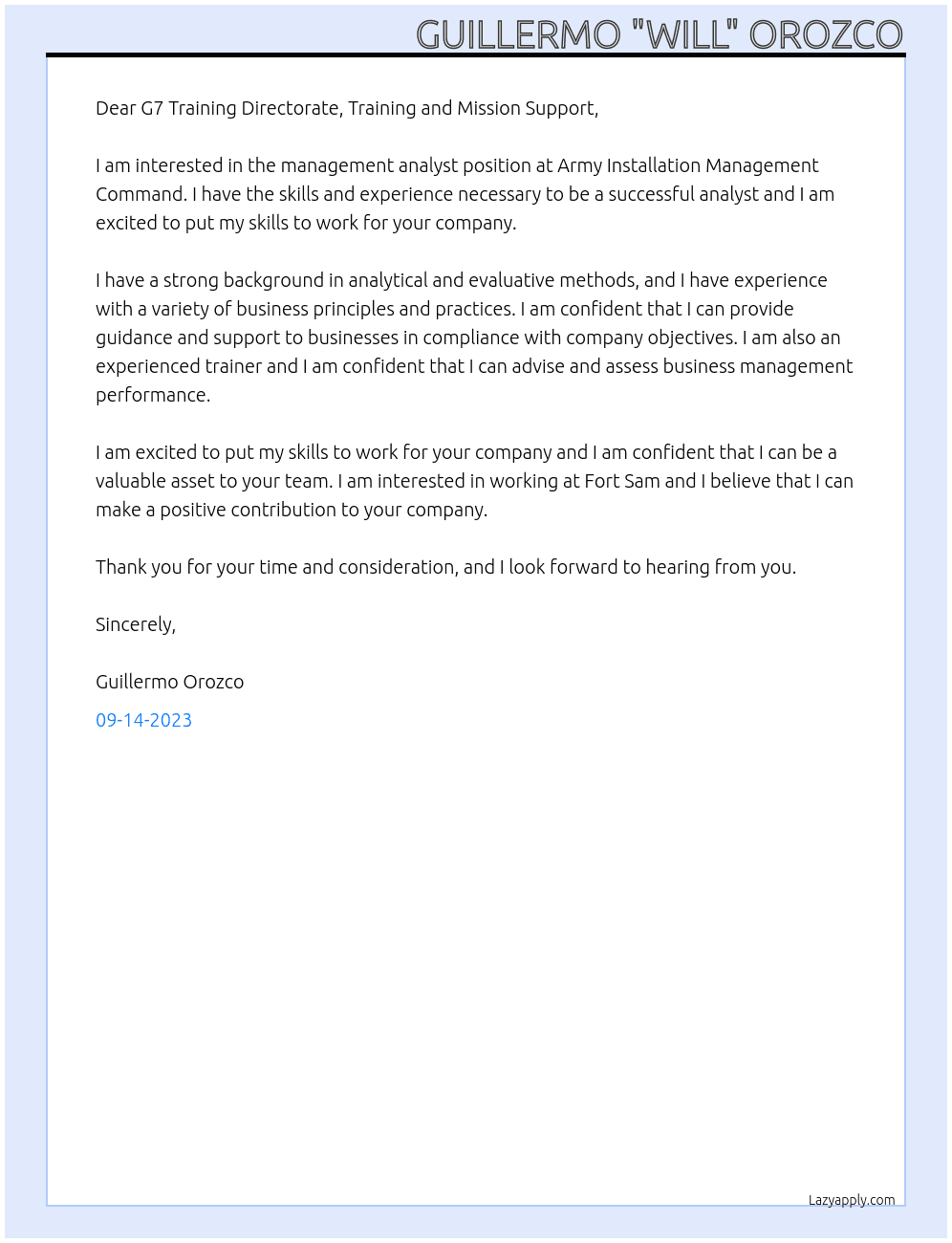 Management Analyst At Army Installation Management Command Cover Letter
