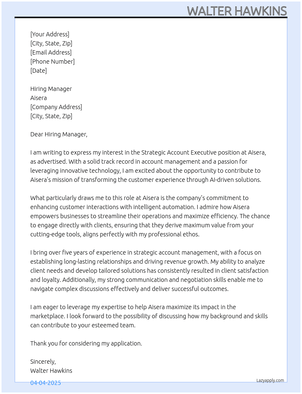 Strategic Account Executive At Aisera Cover Letter