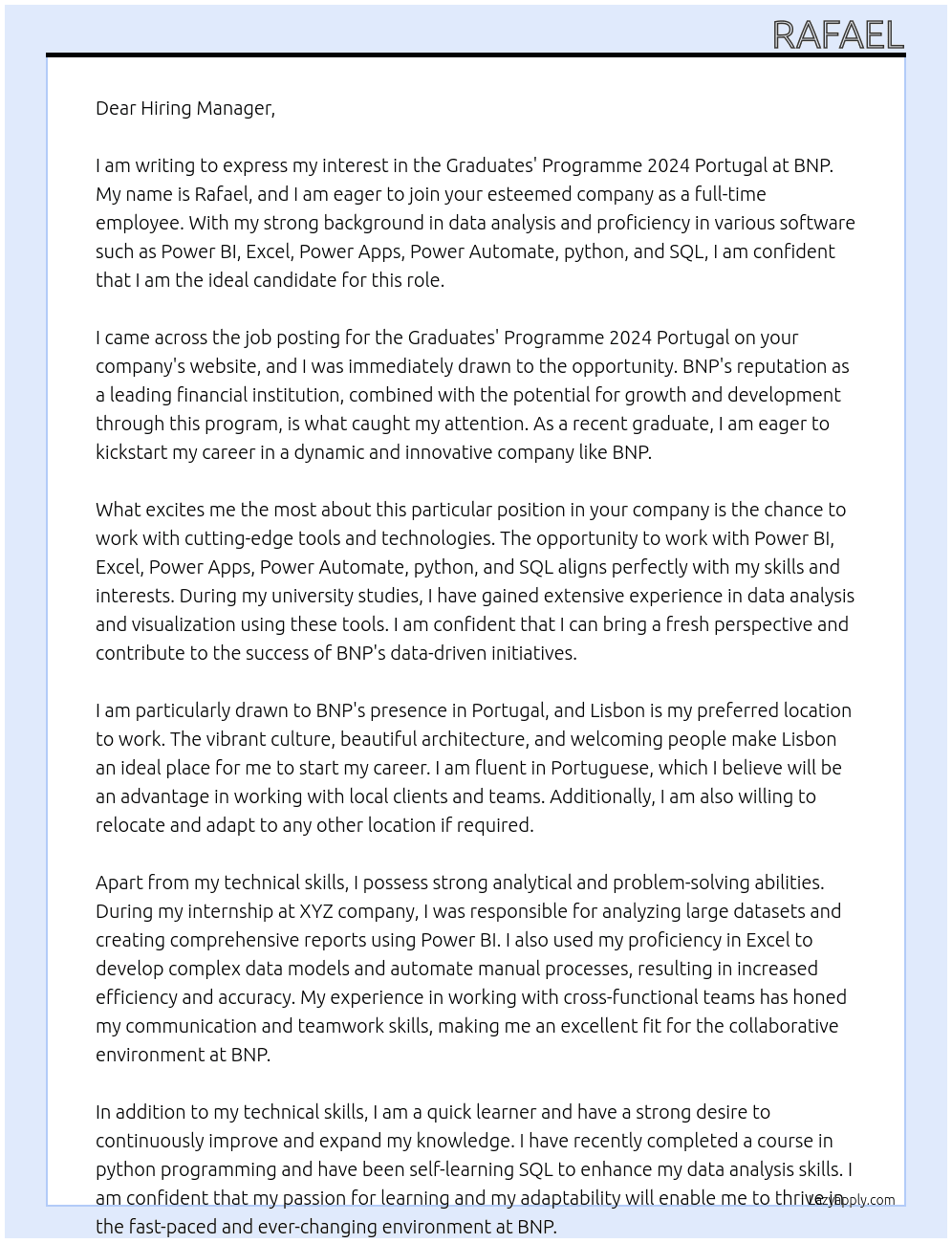 Graduates' Programme 2024 Portugal At BNP Cover Letter