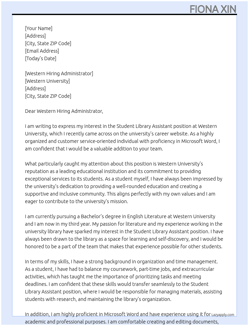 Student Library Assistant At Western University Cover Letter
