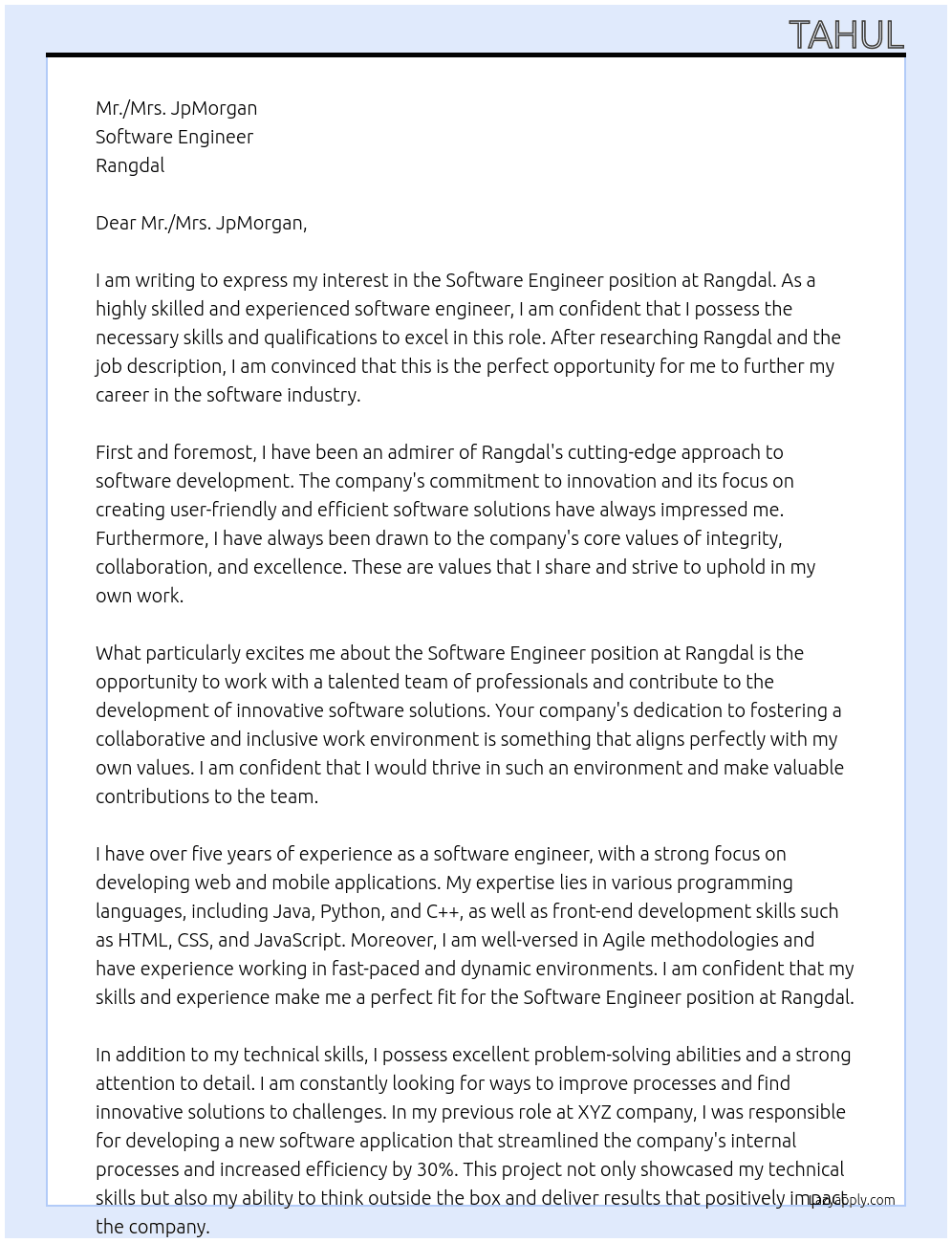 Software Engineer At Rangdal Cover Letter