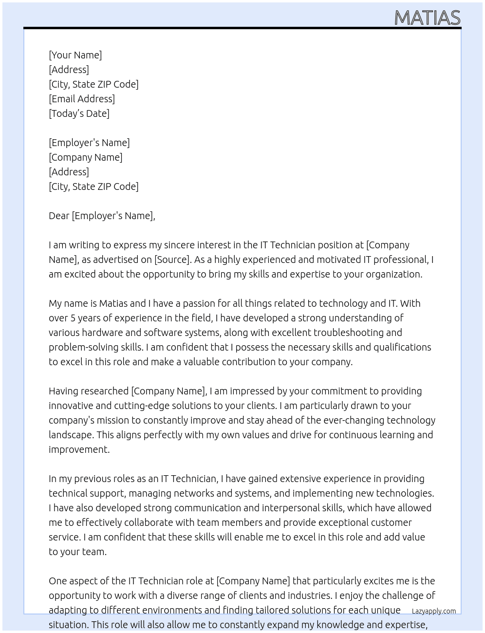 IT Technician At Bell Cover Letter