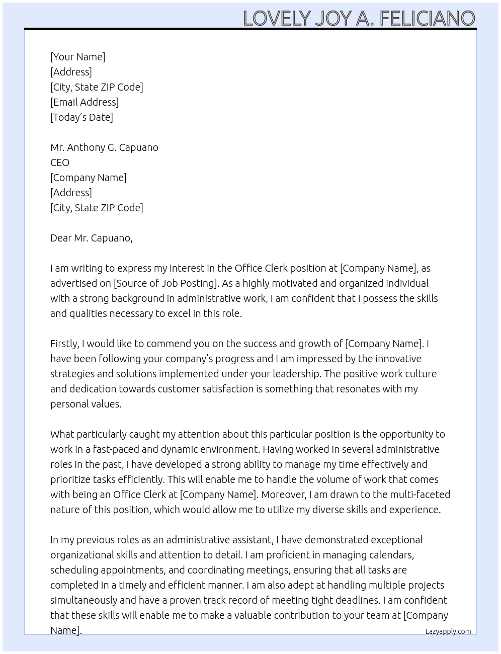 OFFICE CLERK At OFFICE CLERK Cover Letter