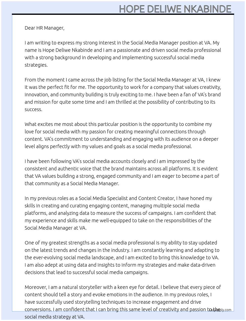 Social media manager  At VA Cover Letter