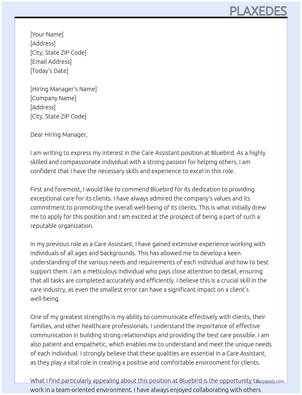Care Assistant At Bluebird Cover Letter