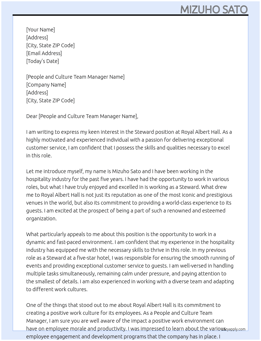 Steward At Royal Albert Hall Cover Letter