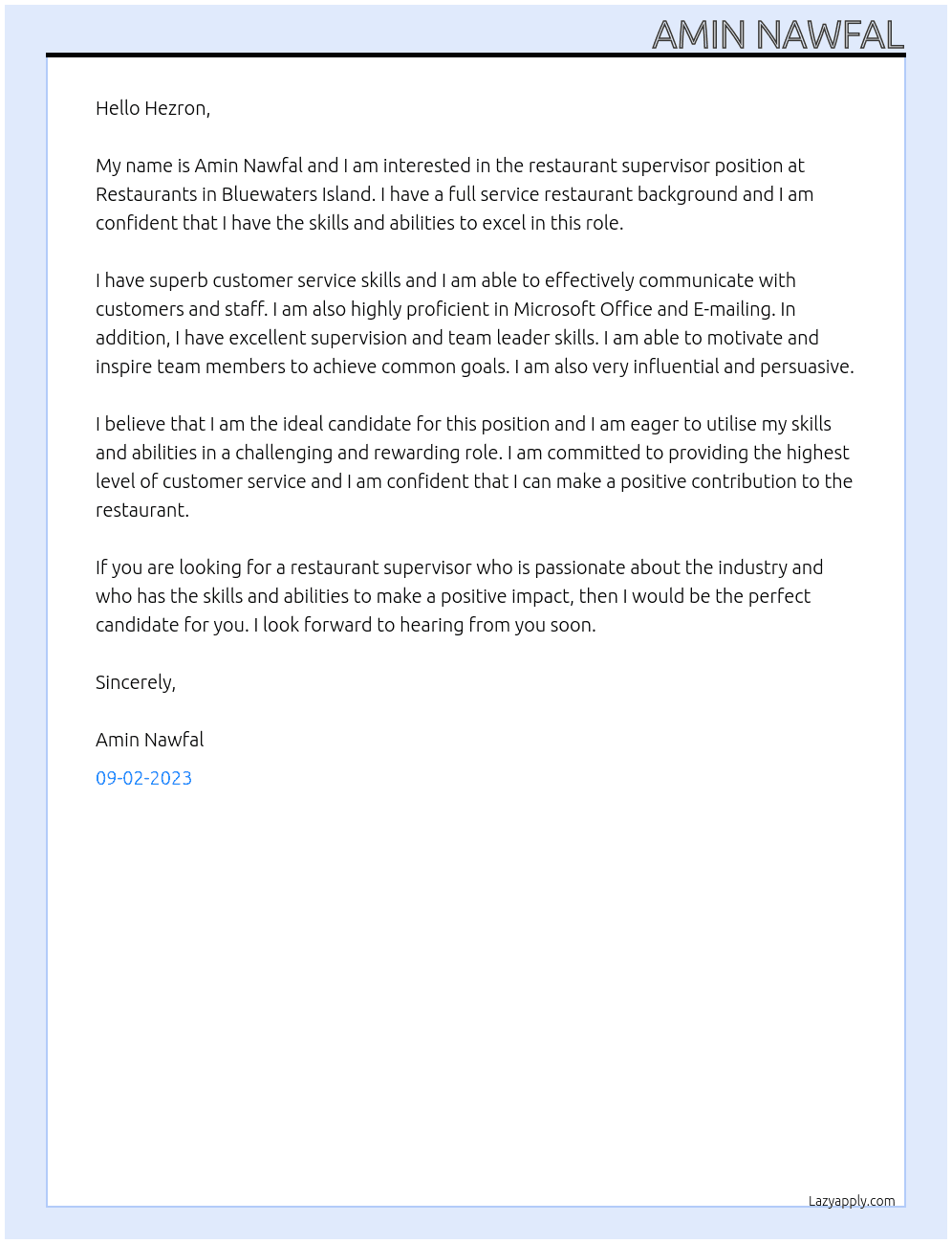 Restaurant supervisor At Restaurants in Bluewaters Island  Cover Letter